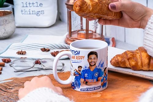 Image of Cricket Theme Coffee Mug IPL Edition - Stylish Helicopter Shot Print Cup - Gift for Cricket Fans, Boys & Friends (nitish kumar Reddy, Large)