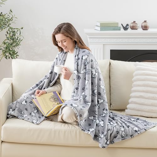 Image of Berkshire Blanket Peanuts VelvetLoft Cute Character Snoopy Plush Throw Blanket,Peanuts Poses and Paws Grey,Throw 55 in x 70 in (Official Peanuts Product)