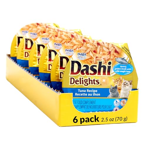 INABA Dashi Delights for Cats, Shredded Tuna Side Dish with Bonito Flake Broth, Cat Food Complement with Taurine & Green Tea Extract, 2.5 Ounce Cup, 6 Cups Total, Tuna Recipe