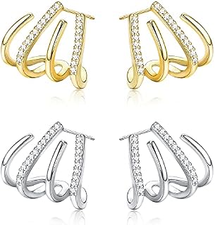 ADRAMATA 925 Sterling Silver Post Claw Earrings 14K Gold Plated Claw Earrings Cuff Simple Huggie Ear Wrap Piercing 4 Prong Wrap Earrings for Girls Friend