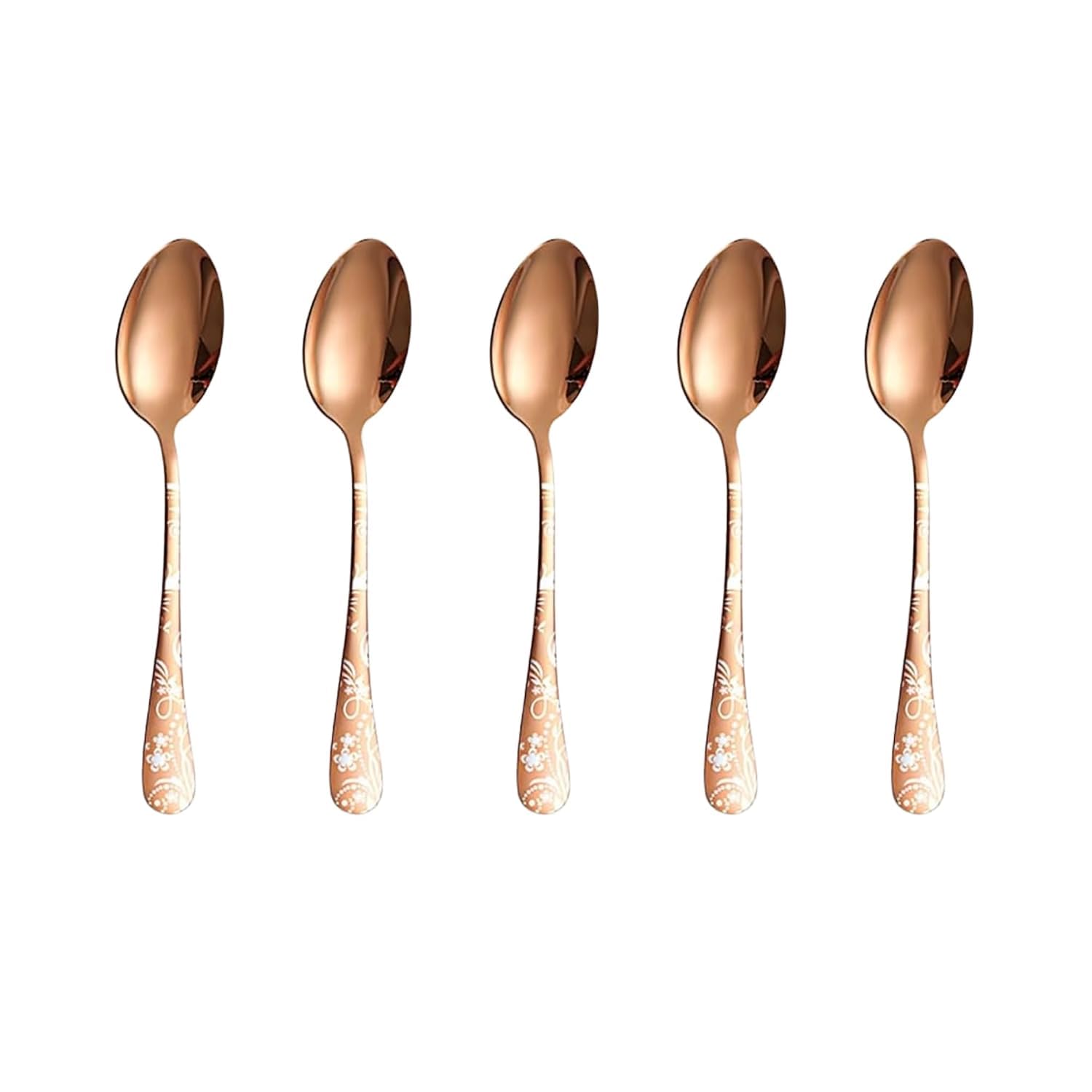 KitchAntique 6.7" Rosegold Dessert Spoons with Floral Printed Handle | Set of 5 Durable Stainless Steel Teaspoons | Mirr