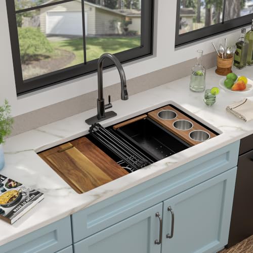 Image of 36 inchx19 inch Matte Black Undermount Kitchen Sink Workstation | 16 Gauge T304 Stainless Steel, Nano-PVD Black Finish, Under Counter with Integrated Ledge, Round Corners, Single Bowl Basin