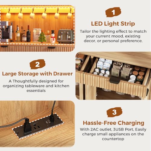 Image of Fluted Kitchen Pantry Storage Cabinet with Charging Station & LED Lights,71 inch Tall Kitchen Hutch with Microwave Stand, Adjustable Shelves,Storage Doors for Dining Room Living Room (Natural, 47*15.7*71)