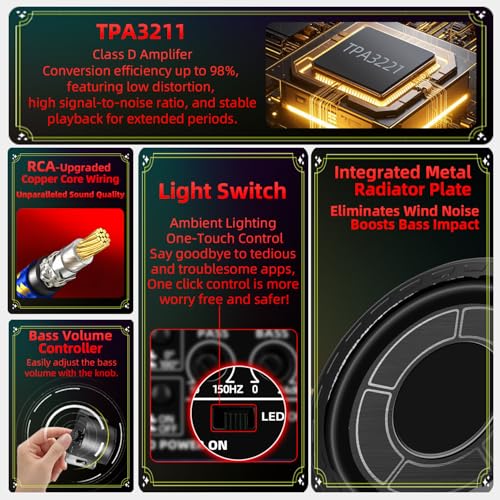 Image of 2026 Upgraded 1600W Car Subwoofers, 10 inch Ultra-Thin Powered Under-Seat Subs with Built-in Amplifier, (LPF /Gain /Bass Boost) RGB Ambient Lights, Independent Bass Knob, High Output Distortion-Free Audio
