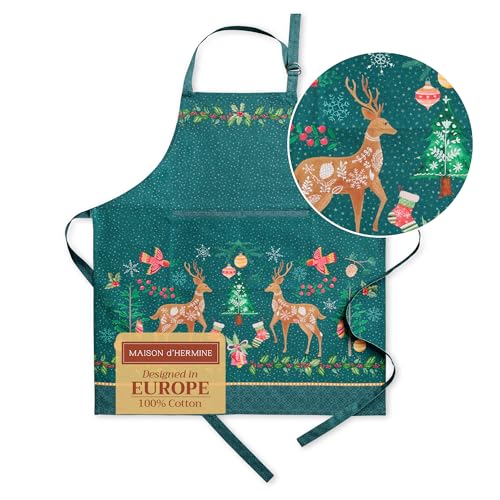 Maison d' Hermine - Grembiule da cucina in 100% cotone con scollo regolabile e tasca centrale, per uomo e donna, adatto per Ringraziamento e Natale, 1 pezzo, 70 x 85 CM