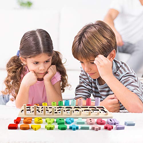 Montessori Toys for Toddlers Wooden Number Blocks Math Counting Shape Sorter Puzzle Board Jigsaw Preschool Educational Learning Sensory Activities Toys for Ages 3 4 5 Kids Boy Girl