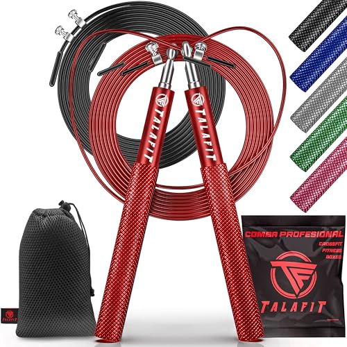 Comba Crossfit Profesional Talafit | Cuerda Saltar Fitness Ajustable | Comba de saltar | Comba Boxeo | Cuerda para saltar con rodamientos de alta velocidad de giro | FundA incluida (ROJA)