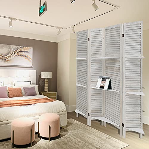 ECOMEX-4-Panel-Room-Divider-with-Shelves56-FT-Freestanding-Screen-Room-Divider-Wall-Folding-Privacy-Screen-Partition-Wooden-Separator-Room-Divider-with-Removable-Display-Shelves-White ECOMEX 4 Panel Room Divider with Shelves56 FT Freestanding Screen Room Divider Wall Folding Privacy Screen Partition Wooden Separator Room Divider with Removable Display Shelves White