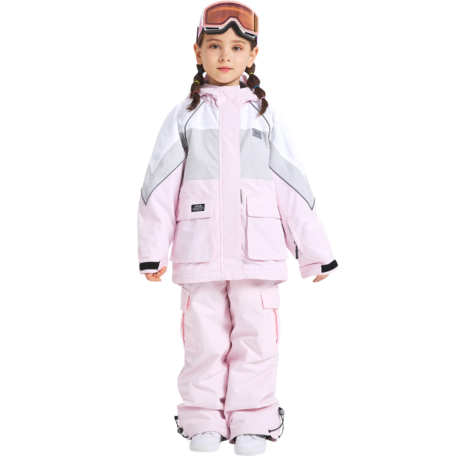 Traje de nieve infantil de 2 piezas, chaqueta de esquí + pantalones de esquí, impermeable, cortavientos, transpirable, con capucha, para niños y niñas, traje de esquí de invierno, rosa, 150