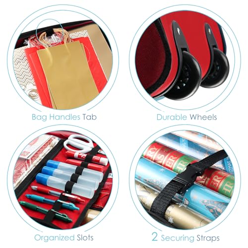 Image of Hearth & Harbor Wrapping Paper Storage Container with Ribbon Dispenser and Interior Pockets - Large Christmas Storage Containers with Wheels, Fits 30 Rolls of 40 inch Length, Red