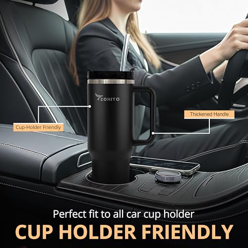 Image of 40 oz Tumbler with Handle and Straw, Vacuum Insulated Stainless Steel Travel Mug, Leakproof Large Cup Keeps Drinks Cold for Hours, Fits Car Cup Holder, Black