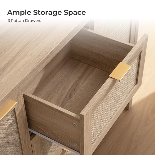 SICOTAS 52" Larger Sideboard Buffet Coffee Bar Cabinet with Storage - Farmhouse Rattan Credenza Storage Cabinet with 3 Drawers and 2 Doors, Boho Console Table for Living Room, Kitchen, Light Oak - Thumbnail 5