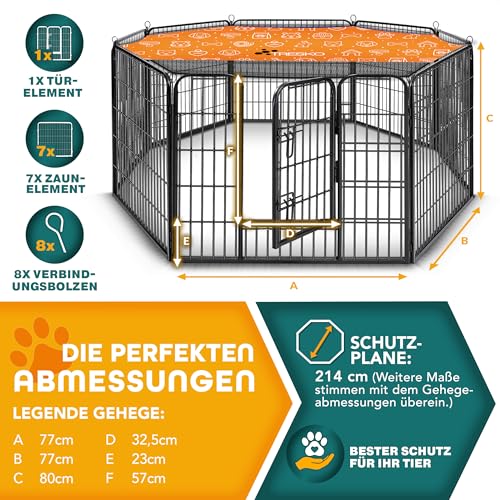 TRESKO® Welpenlaufstall 80 cm hoch inkl. 8X Erdanker | Welpenauslauf 8-teilig | Hundelaufstall faltbar mit Tür | Aufbau werkzeugfrei | Tierlaufstall Hunde wetterfest