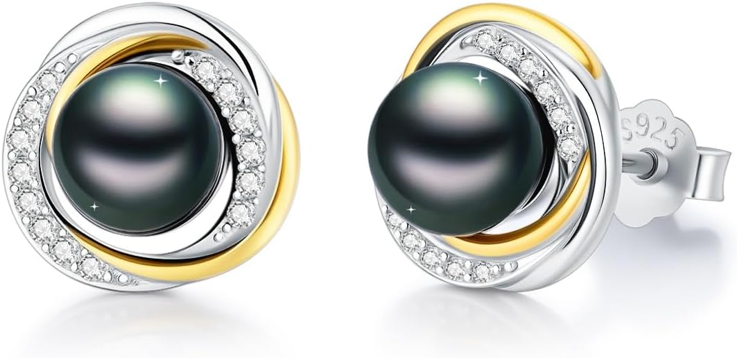 Tahitian Black Pearl AAAA 18K Gold Plated Sterling Silver Stud Earrings for Women Wife Mom Girlfriend Her Jewelry Gift for Anniversary Birthday