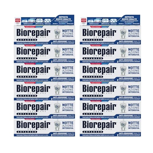 Biorepair, Dentifricio Advanced, Notte Intensivo Anti-Erosione, 12 Confezioni da 75 ml, Protegge e Ripara lo Smalto dei Denti, Antibatterico, con MicroRepair, Zinco PCA e Xilitolo,per un Alito Fresco