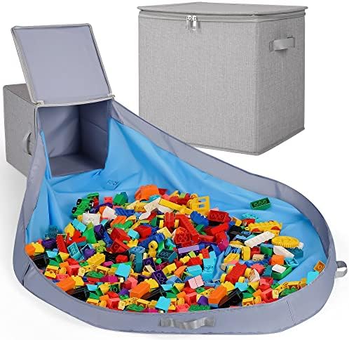 SAM AND MABEL Toy Storage Basket and Play Mat - 13"x13"x13" Stackable and Foldable Cube Toy Organizers and Storage Bins for Boys and Girls (Warm Grayish Beige)