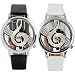Polytree 2pcs Unisex Fashion Musical Note Hollow Faux Leather Strap Quartz Wrist Watch (Black White)