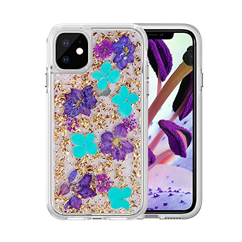 iPhone 11 Pro Max Case,HuiFlying Women Luxury Gold Foil Glitter Case[Made with Real Natural Flowers] with Clear TPU Bumper+Hard PC Plastic Back Cover for Apple iPhone 11 Pro Max (Gold Mint)