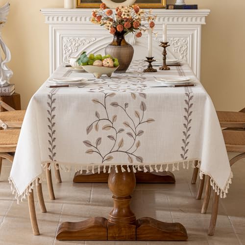 Joyfol Day Rectangle Linen Tablecloth, Heavy Duty Waterproof Tablecloths, Farmhouse Embroidery Leaves Table Cloth with Tassels, Soft Wrinkle Free Table Cover, Coffee Vines, 55''x 70'' by Joyfol Day - Image 2