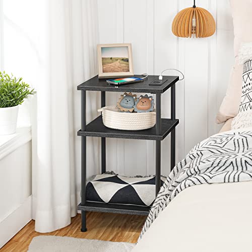 Hoobro Set Of 2 Side Tables With Charging Station And Usb Ports, 3-Layer Stackable Nightstand, 23.2 Inches End Table For Small Space In Bedroom, Living Room, Industrial Style, Black Bk10Ubzp201 #TOP3