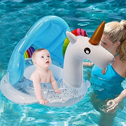 mciskin Unicorn Baby Swimming Pool Float with Canopy,Glitters Seat &Safety Handle,Summer Baby Floats for Pool, Inflatable Baby floaties for 1-3 Years Kids Family Summer Outdoor Party Favor