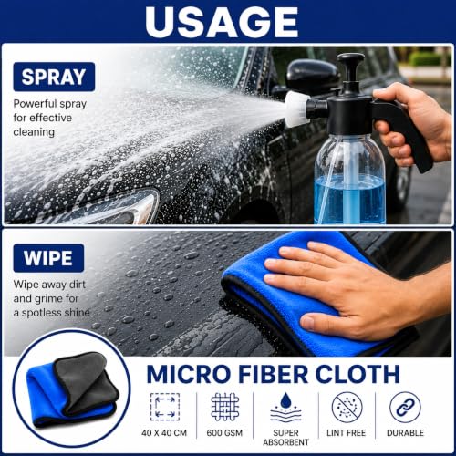 Image of 2 Litre Premium Foam Sprayer & Microfiber Cloth Durable Pump for Car Wash, Cleaning, Garden, DIY, Portable Foam Bottle
