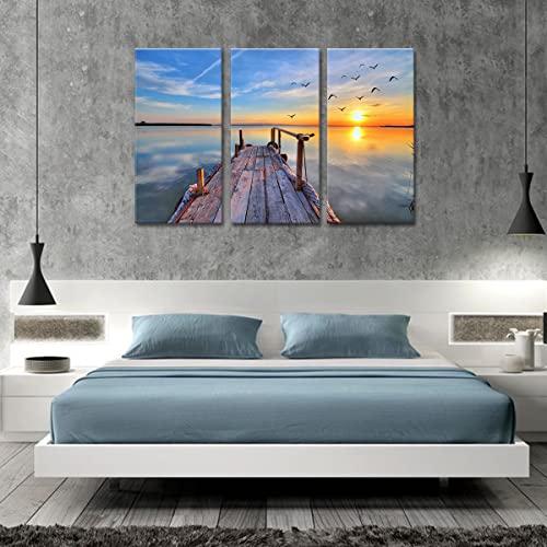 Noah Art-Sunset Lake Wall Art, Birds Flying Over The Pier Nature Ocean Landscape Picture Posters Prints On Canvas, Large Size Bathroom Wall Decor, 14X28Inch X 3 Piece Set #TOP5