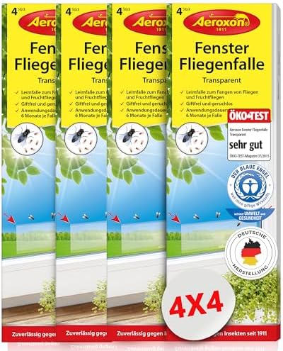 Aeroxon Fliegenfalle Innenbereich, 16 Stück transparente Klebestreifen | Ohne Chemie und geruchlos, bis zu 6 Monate wirksam gegen Stubenfliegen und Fruchtfliegen, rückstandslos ent