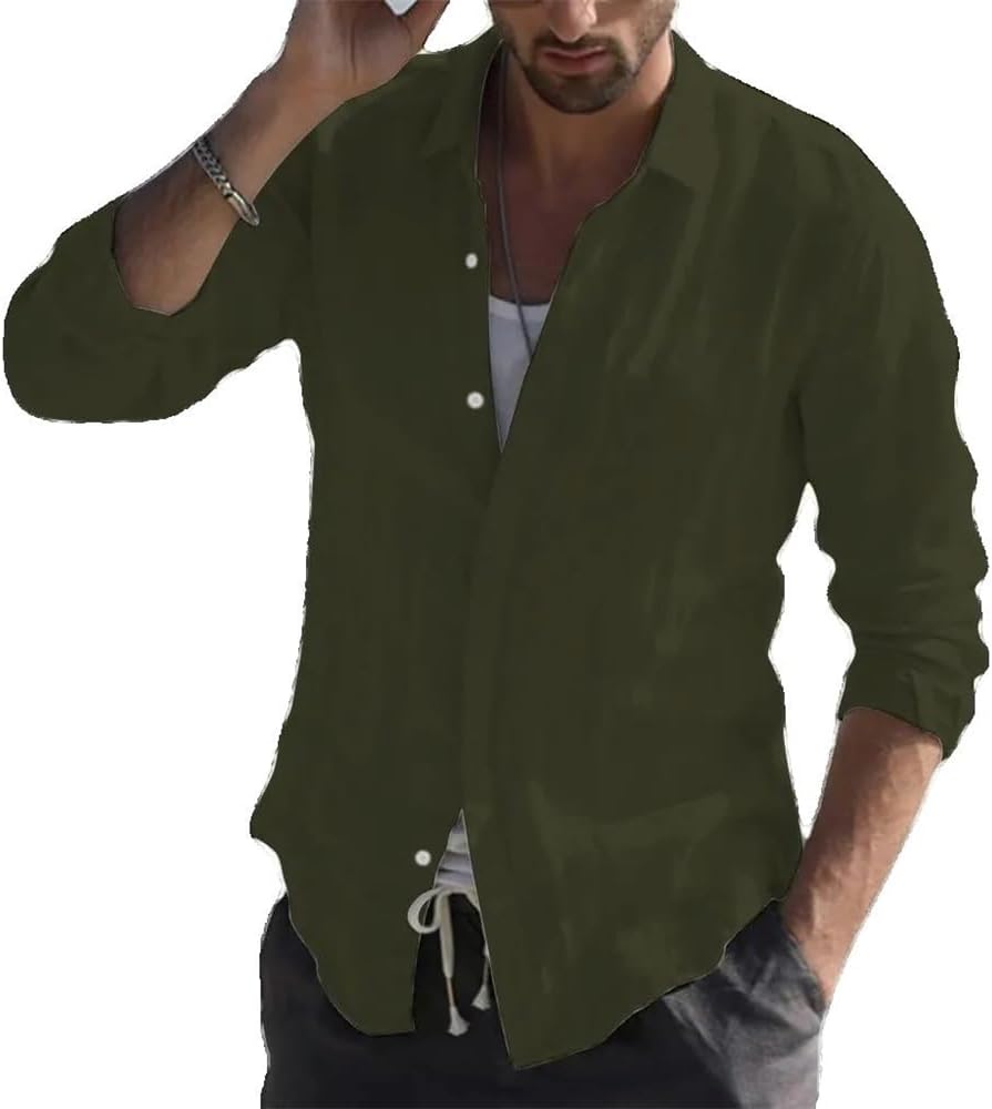 Men' Cotton Solid Color Long Sleeved Shirt Youth Casual Cardigan