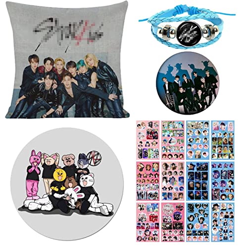 Stray Kids Gift Set, Stray Kids Fanartikel Kpop Stray Kids Fans Geschenk Set, Stray Kids Kissenbezug,Stray Kids Sticker Stray Kids Bracelet en cuir tressé broche 35241 40x40cm