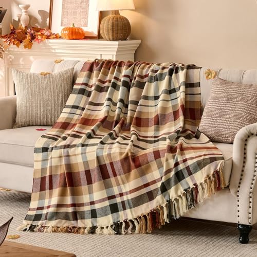 Lanpn Kuscheldecke mit Fransen, Weiche Acryl Kariert Decke, Flauschige Wohndecke für Sofa/Couch/Bett, Leichte Allseason Sofadecke Atmungsaktive...