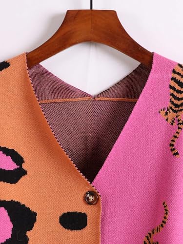 QJQ Women's Leopard Animal Tiger Print Cardigan Sweaters V Neck Long Sleeve Color Block Button Down Sweater Tops 20254