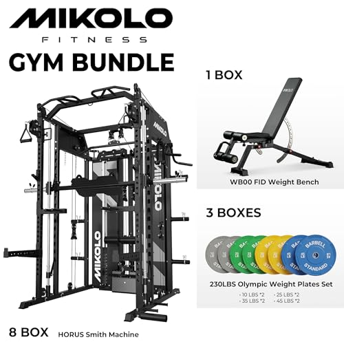 Image of Mikolo Smith Machine with Weight Stack, Power Cage Home Gym System with LAT Pulldown & Cable Crossover, Multi-Functional Trainer with Dual Pulley System, Includes 10+ Free Attachments