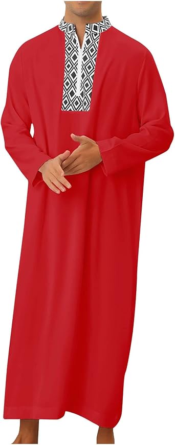 Zeiyignr Mens Saudi Arabic Thobe Ethnic Caftan Long Sleeve Dubai Robe Ramadan Muslim Dress Middle East Islamic Clothing