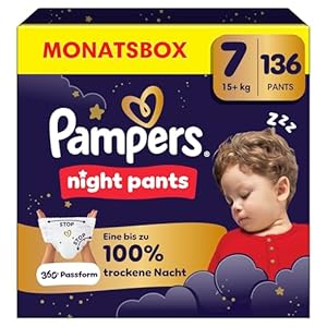 Pampers Night Pants Größe 7, 136 Windeln, 15kg+, bieten zusätzlichen Schutz für die ganze Nacht