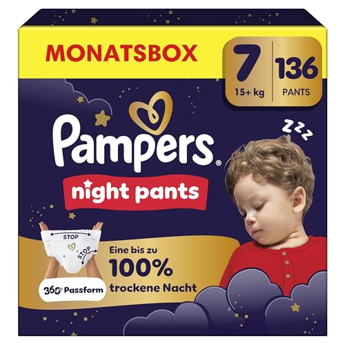 Pampers Night Pants Größe 7, 136 Windeln, 15kg+, bieten zusätzlichen Schutz für die ganze Nacht
