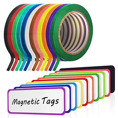 Fainne 12 Roll 1/8 Whiteboard Thin Tape with 54 Magnetic Dry Erase Label Name Plate Tag Magnetic Name Tag Pinstriping Tape for Back to School Office Supplies(Colorful)