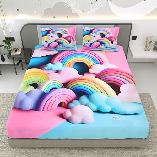 Image of Dream Weaverz 7D Bedsheet for Double Bed King Size with 2 Pillow Covers | Digital Printed & Fitted Elastic for Kids | Soft Glaze Cotton Feel | Fits Upto 12 Inch Mattress (Rainbow & Clouds)