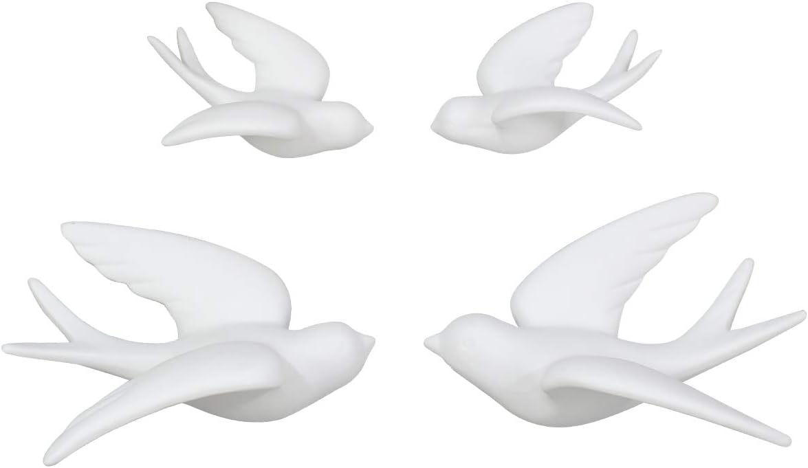Ceramic Flying Birds Sparrows Wall Mount Hanging Decor White-Set of 4