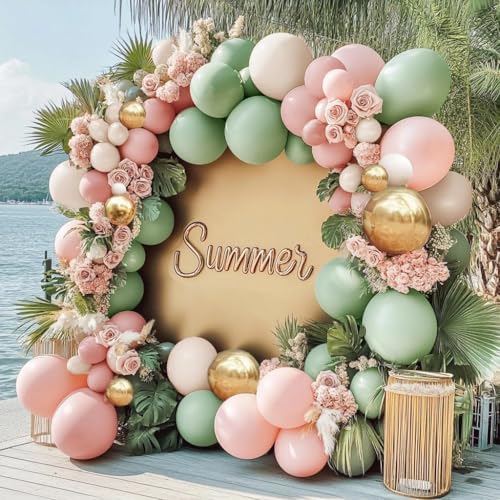 Image of Dusty Green Pink Balloon Arch Double Stuffed Pastel Baby Pink Light Green White Cream Balloon Metallic Gold Latex Balloons for Baby in Bloom Birthday Bridal Shower Wedding Summer Party Decorations