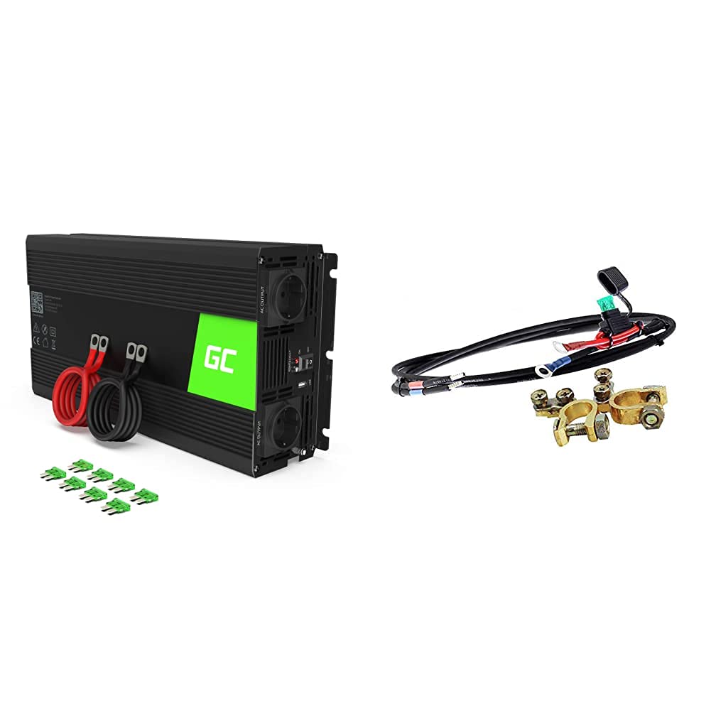 Green Cell pro 1500W/3000W 12V auf 230V Volt kfz Spannungswandler Wechselrichter Power Solar Inverter & Offgridtec Batteriekabel mit Flachsicherungshalter, 30 A Sicherung und Batteriepolklemmen, 1,5 m