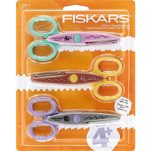 Fiskars Craft Scissors for Kids Decorative Edge with Zoo Animal Pattern Zig Zag Design Ages 4-7 3-Pack