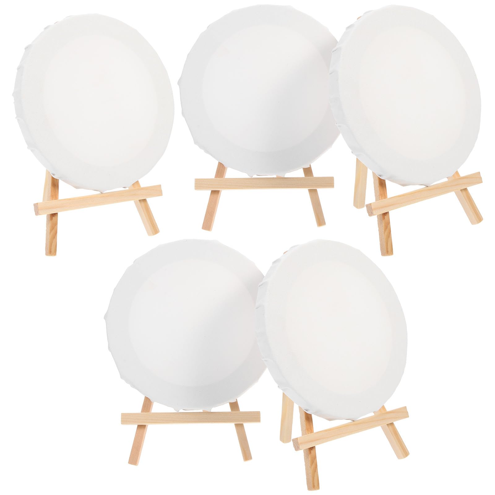 Mini caballetes con lienzos redondos Baluue de madera blanca para pintura, pack de 5 juegos