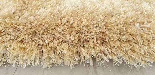 Image of Handcrafted Microfiber Cream Shaggy Carpet 5x8 Feet with Thick Soft Plush Pile, Anti Slip Backing, Ideal for Living Room, Bedroom, Hall and Home Interior Decoration