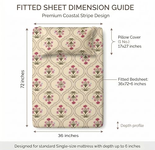 Image of BSB HOME 220 TC Cotton Fitted Single Bedsheet with 1 Pillow Cover, Soft Breathable, Elastic Fit, Fade Resistant, Easy Care - 36 x 72 + 6 Inches (Classic Floral Cream)