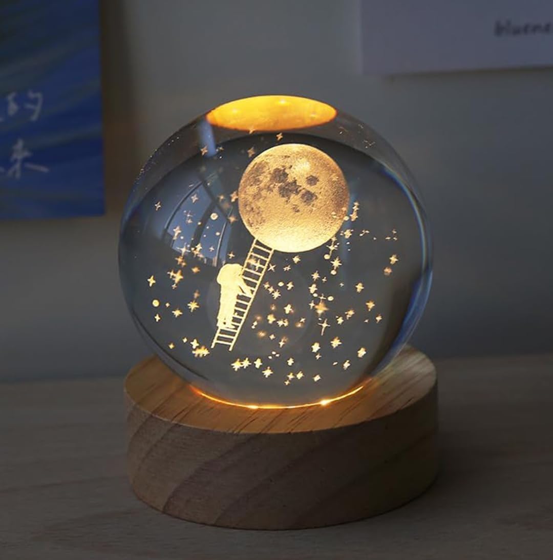 Generic 3D Crystal Ball – Made with Premium Quality Crystal with Solid Wood Base – Night Soft Light Boll for Home Decoration Ornament, Birthday Gift, Warm Nightlight (Landing Moon), RIZ-0343