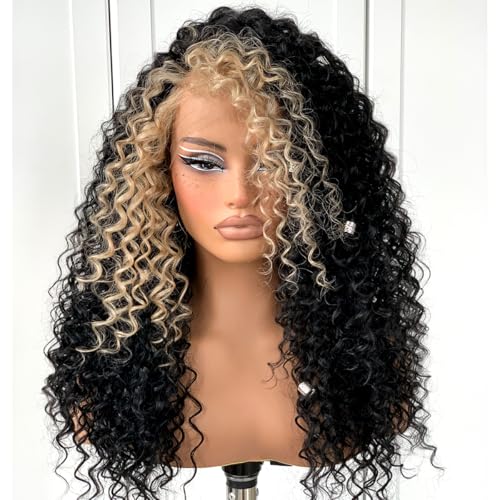 MITIMES 13x6 Skunk Stripe Curly Wig Wear And Go Glueless Wig Pre-Plucked Synthetic Lace Front Wig Pre-Cut Afro Kinky Layred Wig With Natural Hairline 18 Inch