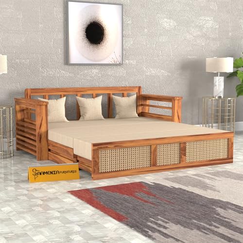 Image of Mamta Furniture Sheesham Wood Sofa Cum Bed with Storage Rattan Cane Design Wooden Sofa Set for Living Room Bedroom 3 Seater Convertible Sofa Bed in Honey Finish