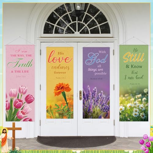 Image of Panelee 4 Pcs Church Banners for Sanctuary Wall Blooming Flower Church Banners with Scripture Inspirational Religious Praise Bible Verses Hanging Backdrop Signs for Sunday School Worship Decoration