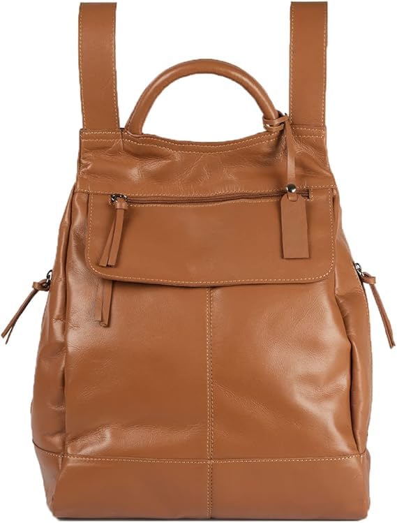 Mochila Feminina de Couro Legítimo Malu – Compacta, Resistente e Elegante com 6 Bolsos, Bolso Antifurto e Alças Ajustáveis – Ideal para Trabalho, Passeios e Viagens – 5L Cor Caramelo